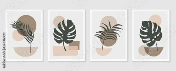 Botanical wall art vector set. Tropical Foliage line art drawing with abstract shape. Abstract Plant Art design for print, cover, wallpaper, Minimal and natural wall art. Vector illustration.