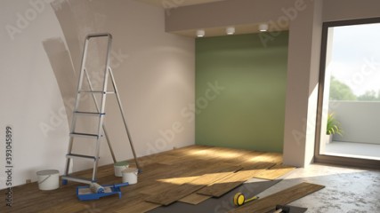 Repair in the modern apartment, empty interior with paints and ladder. 3d illustration