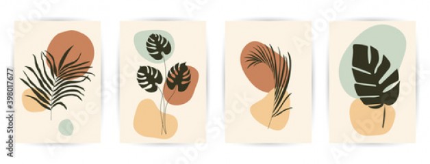 Modern abstract art backgrounds set with botanical leaves and abstract geometric shapes. Botanical wall art vector set. Art design for print, cover, wallpaper. Vector illustration