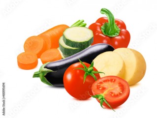 Fresh carrot, red sweet pepper, sliced zucchini, eggplant, potato and tomato isolated on white background.