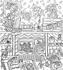 Black and white vector hand-drawn picture coloring antistress room interior with computer, cacti, flowers, headphones, mug, camera, lamp, apple, books, glasses, table, pencils, photos, stickers