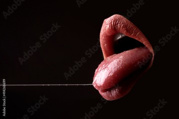 Closeup erotic mouth. Woman sexy tongue. Desire, sensual seductive.