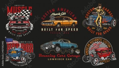 Custom cars vintage colorful badges