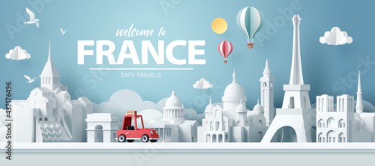 Paper art of red car take travel to paris after covid outbreak end, safe travels and journey in paris concept