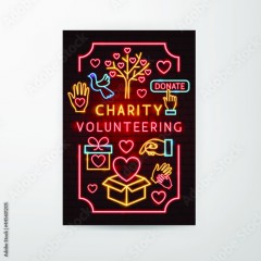 Charity Volunteering Neon Flyer. Vector Illustration of Donation Promotion.