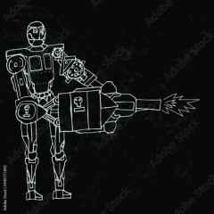 A simple drawing of a robot warrior with a machine gun. Drawing of a fighting robot.