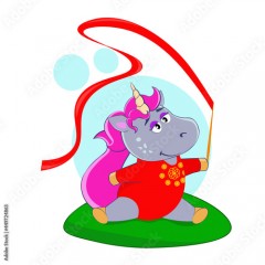 Cartoon unicorn gymnast with ribbon sitting leg-split