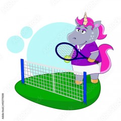Cartoon unicorn playing tennis on the court