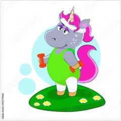 Cartoon unicorn doing aerobics with dumbbells