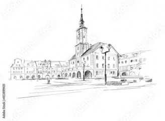 Centrum miasta Gliwice na Śląsku w Polsce. Szkic odręczny wykonany przez artystę na białym tle