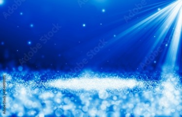 Dark Blue sparkle rays glitter lights with spotlight bokeh elegant show on stage abstract background. Dust sparks background.Spotlight background