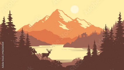 Vintage mountain lake autumn landscape with pine forest, hut and deer silhouette. Traveling and camping poster design. Sepia color scheme vintage flat illustration