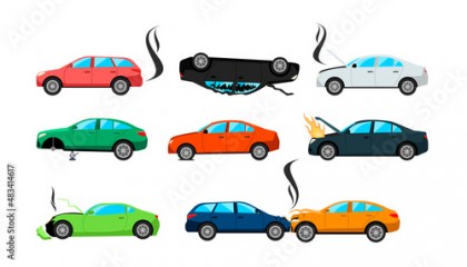 Broken cars after road traffic accident cartoon illustration set. Auto, automobile with broken motor and engine without wheel after crush or collision in need of repair. Damage, vehicle, fire concept