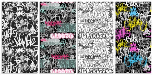Colorful graffiti hip-hop tags with street art seamless pattern set - vector background. Doodle style endless background for print fabric and textile design. Spray paint graffiti tags 