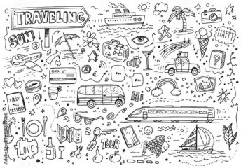 Hand drawn set of traveling doodles, vector icons on white paper