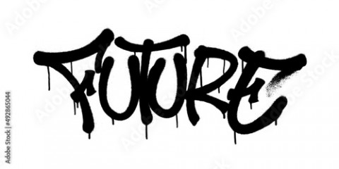 Sprayed future font graffiti with overspray in black over white. Vector illustration.