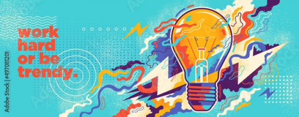 Conceptual abstract illustration in grangy style, with light bulb and colorful splashing shapes. Vector illustration.