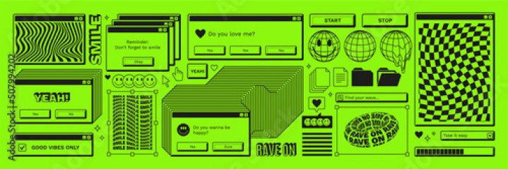 Old computer aestethic. Retro pc elements, user interface, operating system, windows, icons, smile in trendy y2k rave retro style. Sticker pack of retro pc illustrations. Nostalgia for 1990s -2000s.