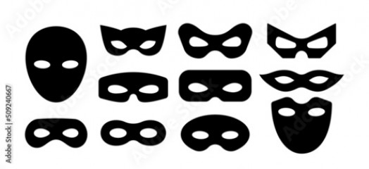 Mask superhero carnival villain or burgar vector icon set. Black masquerade costume eye mask silhouette hidden person face. Simple design incognito party masque shape template illustration.