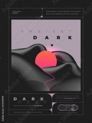 Dark ambient techno rave music flyer or poster design template with abstract black liquid shapes and sunset. Vector illustration