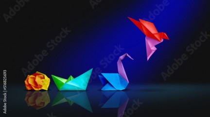 Transform and success or changing to succeed concept and leadership in business through innovation and evolution of ability as a crumpled paper transforming into a boat then a swan and a flying bird