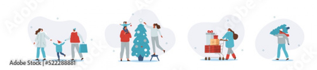  Merry Christmas and Happy New Year illustration set. Holiday scenes with people characters buying and decorating Christmas tree, preparing gifts and shopping together. Vector illustration.