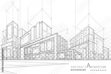 3D illustration Imagination architecture building construction perspective design, abstract modern urban building out-line black and white drawing. 
