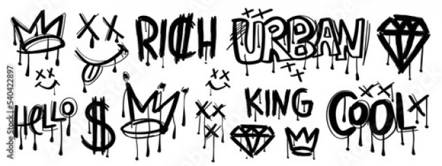 Set of black graffiti spray elements. Collection of spray patterns, texts, symbols, signs, crowns, emojis. Airbrush street urban style drawing graphics on white isolated background. 