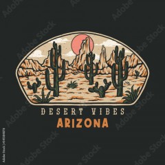 Arizona desert vibes graphic design, hand drawn line style with digital color, vector illustration