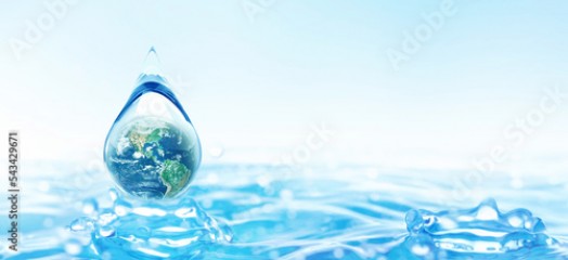 World Water day concept with world in clean water drop on nature green and water ripples design, Environment save and ecology theme concept, Elements of this image furnished by NASA