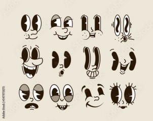 Retro cartoon smiled comic faces set isolated on white background. Vector illustration