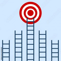 Ladder target achievement concept on blue background. target, success concept with space. aim high at the target target among the other short ladders on a blue background