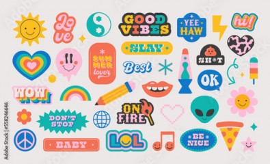 Colorful vintage label shape set. Collection of trendy retro sticker cartoon shapes. Funny comic character art and quote sign patch bundle.