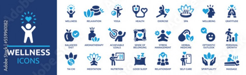 Wellness icon set. Containing massage, yoga, spa, relaxation, health, exercise, diet, wellbeing, meditation, aromatherapy and more. Solid icon collection.