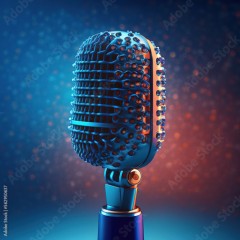 Vintage style microphone over blue and red bokeh background. Generative AI