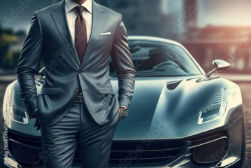 A rich guy in formal business suit which is standing in front of a supercar, successful businessman concept. Generative Ai image.