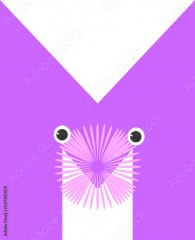 decorative stylized animal lilac letter M. mustachioed muzzle with pointed ears. cat, dog, mouse. funny ABC. isolated picture on white. children's poster. emoji. print, sticker, clipart.