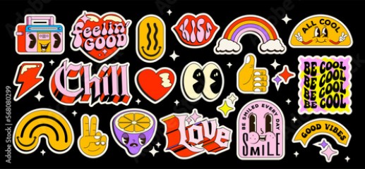 Set of nostalgic pop art sticker pack. Collection of funny and cute emoji and vintage lettering badges and graphic elements isolated on black background. Vector illustration