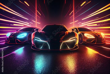 Three supercars racing in neon light tunnel. Generative AI.