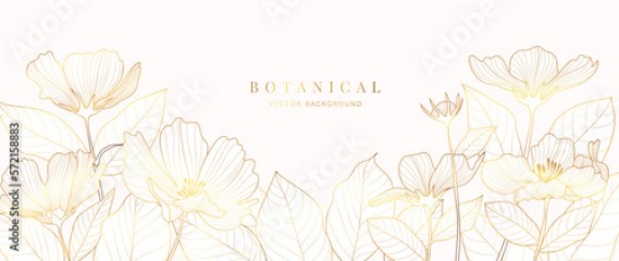 Luxury tropical flower golden line art wallpaper. Elegant gradient botanical cosmos flowers background. Delicate design for decorative, wedding card, home decor, packaging, print, cover, banner.