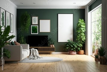 Potted plants decorate the empty living room with green walls and a hardwood floor. Generative AI