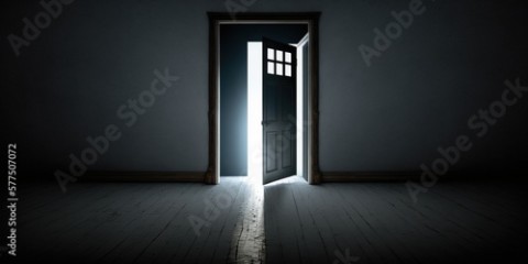 A dark room with an open door that lets in light. Generative AI