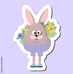 Cheerful funny rabbit with flowers. Spring mood bunny. spring sticker.