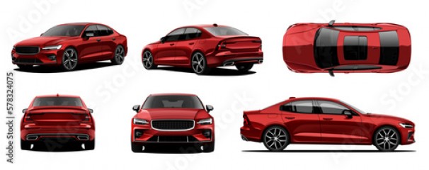 realistic vector car in red color with gradients. view in front, back, side and top 