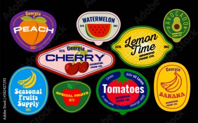 Set of seasonal fruits labels and vegetables stickers and marks or badges template for packaging isolated on black background. Vector illustration