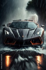 illustration, super car on wet super speed road, ai generative