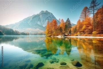 The beautiful autumn scene of the lake Hintersee Colorful morning view of Bavarian Alps on Austrian border, Germany, Europe. Nature beauty concept background