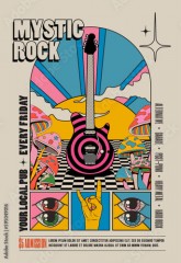 Retro vintage styled psychedelic rock music concert or festival or party flyer or poster design template with electric guitar surrounded by mushrooms with sunset on background. Vector illustration