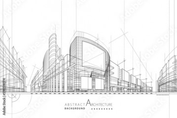 3D illustration, abstract modern urban landscape line drawing, imaginative architecture building construction perspective design