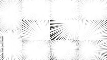 Manga radial speed lines set for comic effect. Motion and force action focus flash strip lines texture for anime book. Vector background illustration of black ray manga speed frame or explosion.